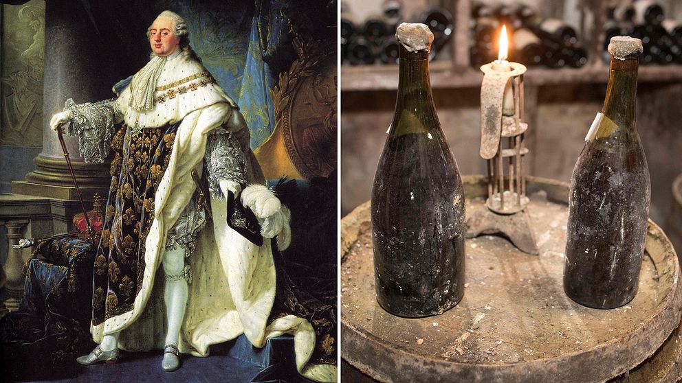 Två flaskor ”gult vin” från 1774 (till höger) med anor från Ludvig XVI:s tid