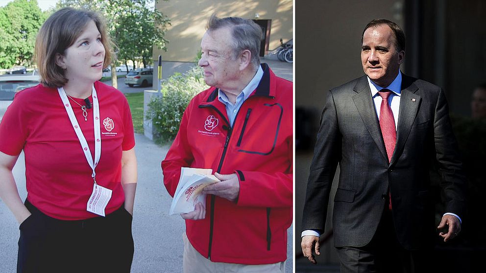 Lars-Olof Blixt och Catharina Piazzolla har på sig röda överdelar med partiets logga, Blixt håller i broschyrer. Till höger: Statsminister Stefan Löfven i kostym med röd slips.