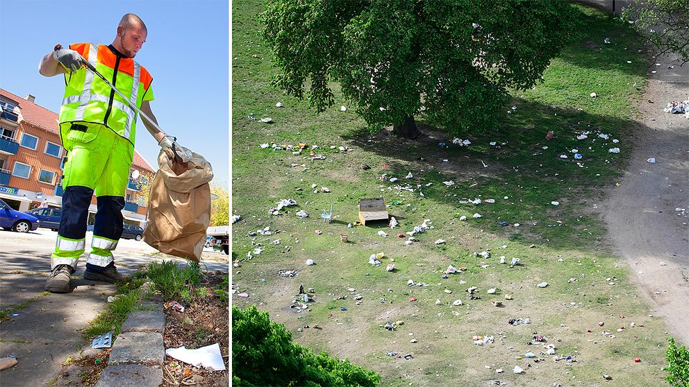 En skötselarbetare och en nedskräpad park