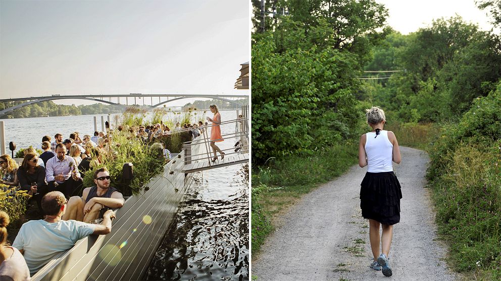 Bild på uteservering vid vattnet i Stockholm och kvinna som går på en landsväg.