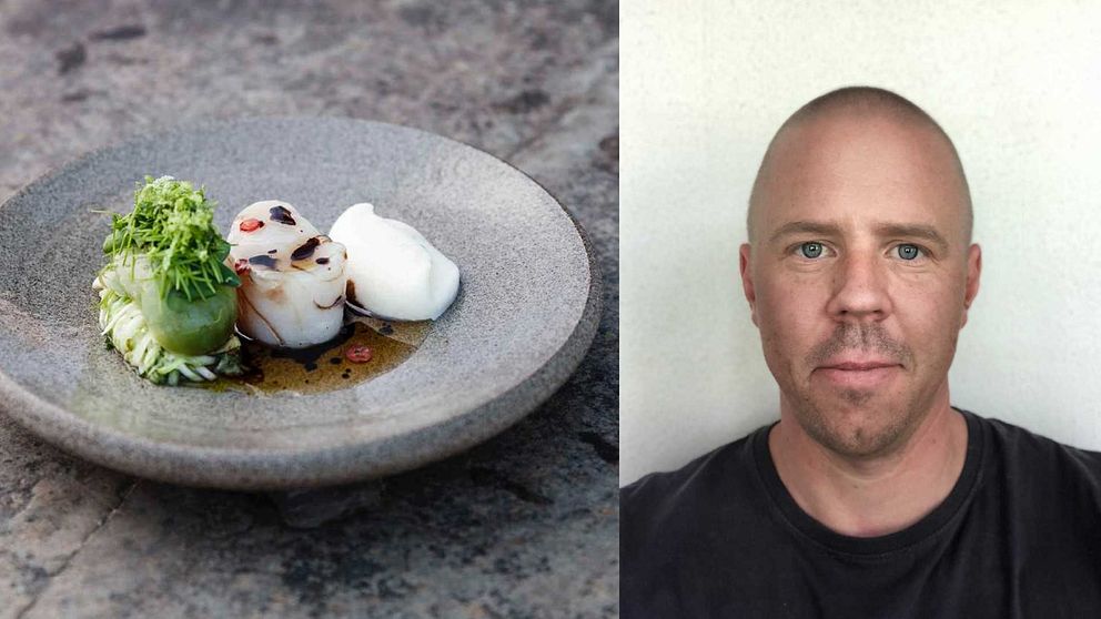 En bild på en maträtt och en bild på Anders Johnsson som tävlar om att bli årets kock.