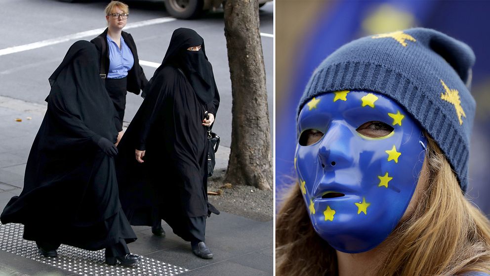 Två kvinnor i niqab som går på gatan samt en kvinna som täckt ansiktet med en EU-mask och mössa.