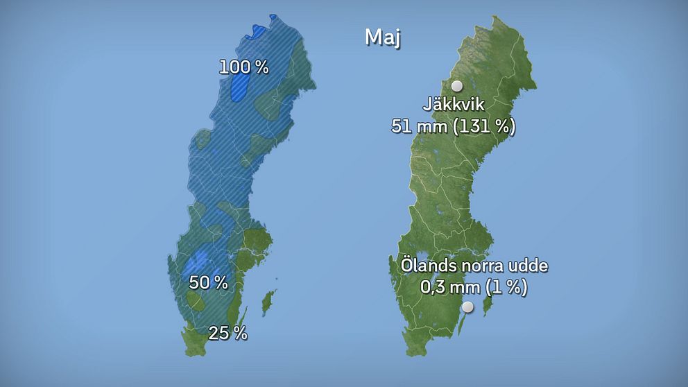 Till vänster månadens nederbördsmängder i procent jämfört med referensperioden 1961–1990. Till höger månadens högsta och lägsta nederbördsmängd, både i procent och millimeter räknat. Källor: SMHI och StormGeo.