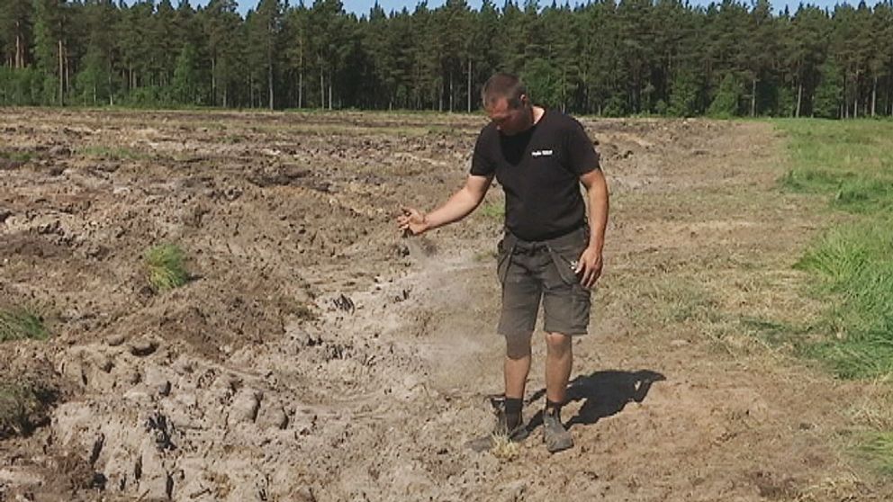 Mikael Johansson lyfter upp lite torr jord på en åker.