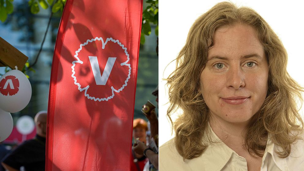 Ballonger och flaggor med Vänsterpartiets logga. Även bild på Emma Wallrup.