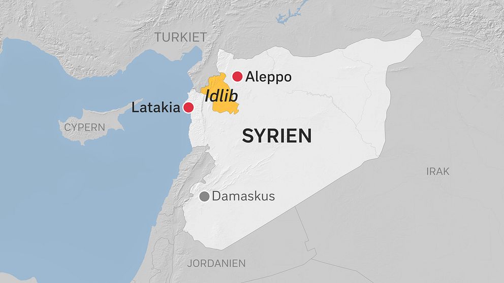 En karta över Syrien där Idlib ligger på landets nordvästra hörn, och angränsar till Turkiet.
