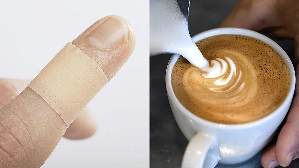 Plåster på fingret och kaffe.