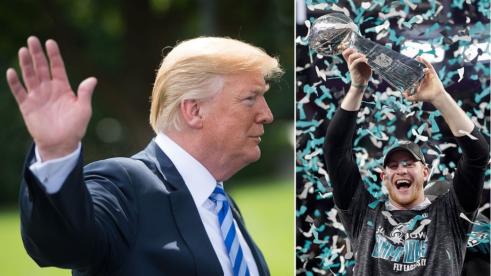 Bild på Trump och jublande Eagles-spelare.