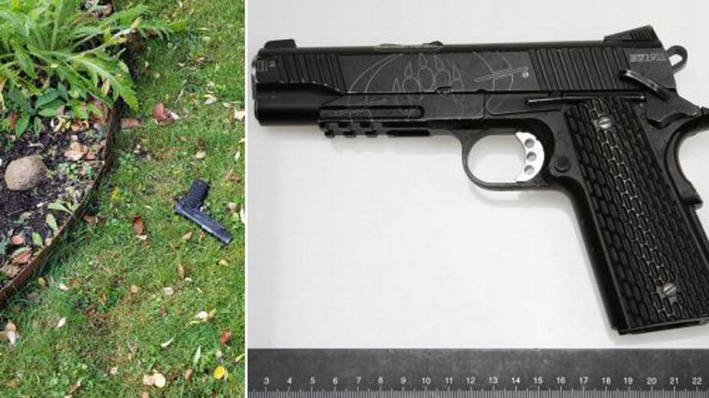 Kolsyrepistolen hittades slängd i en villaträdgård i närheten av skolan.