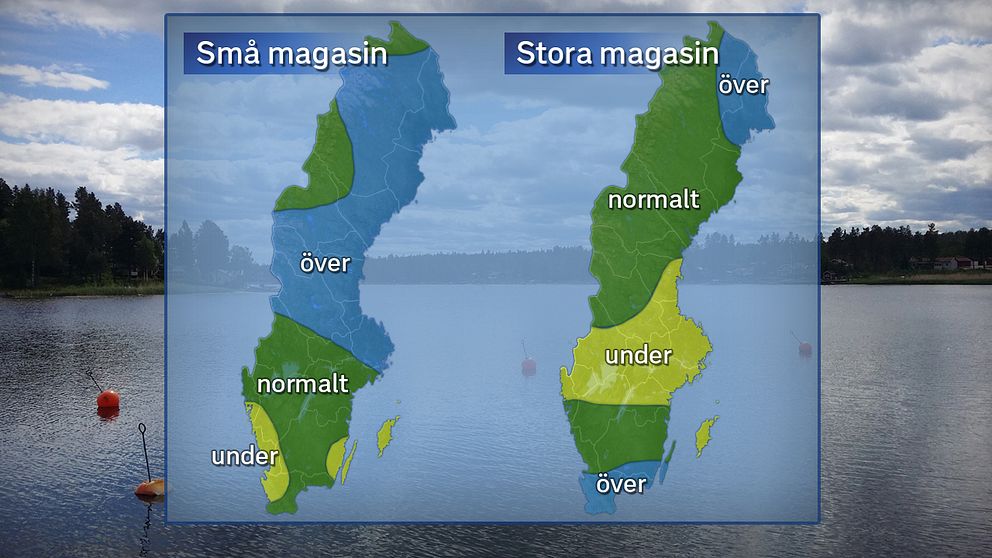 Grundvattennivåer i små och stora magasin under maj 2018  jämfört med det normala. Foto: SVT / Källa: SGU