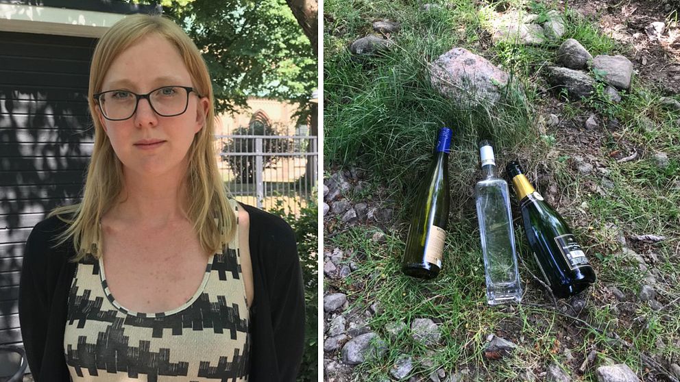 Reservatsförvaltaren Emelie Andersen och de glasflaskor hon hittade.