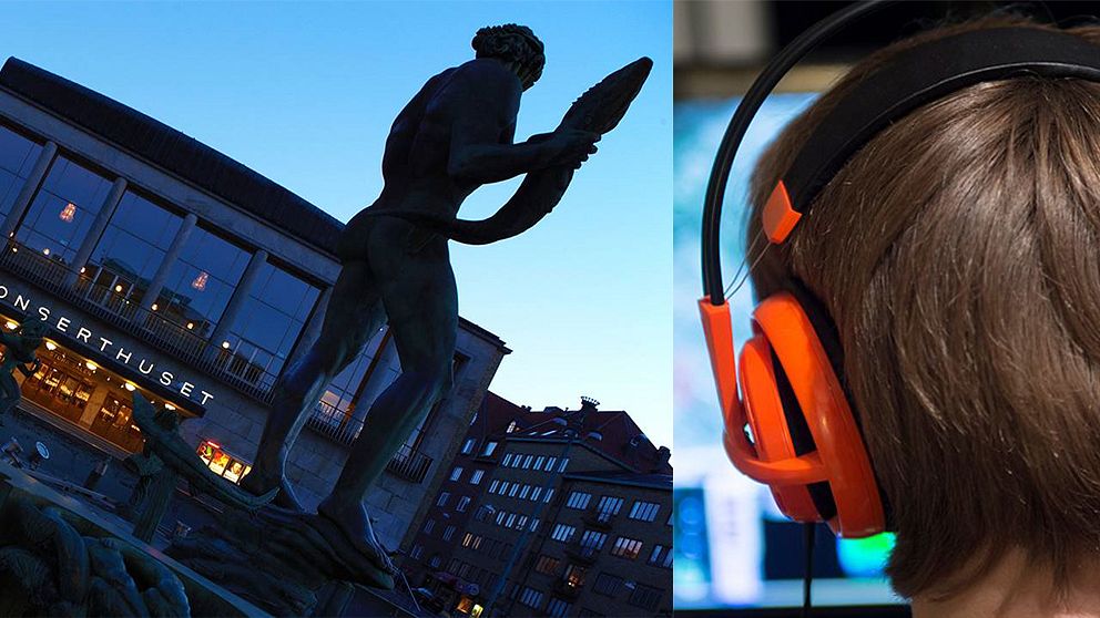 Bild på Konserthuset i Göteborg och en person med hörlurar.