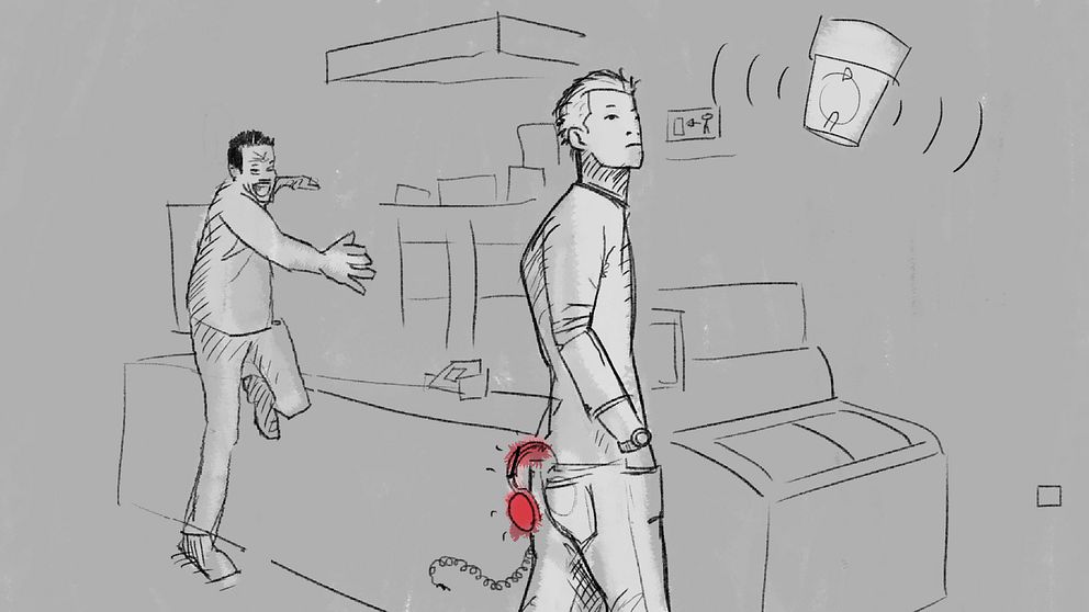 Skissad bild på en ung kille som går ut ur en butik med ett par hörlurar i sin bakficka.