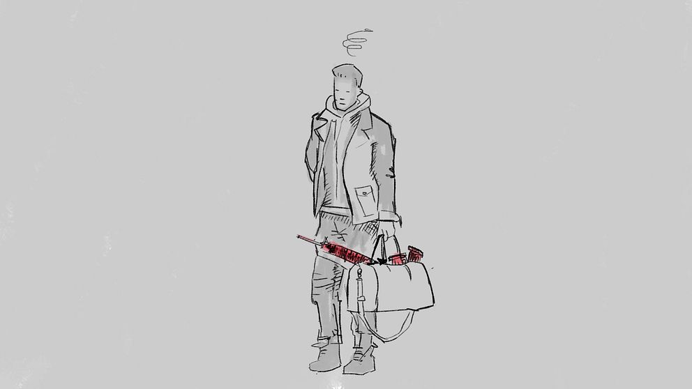 En ung kille skissad i svart och vitt med ett rött vapen i sin väska.