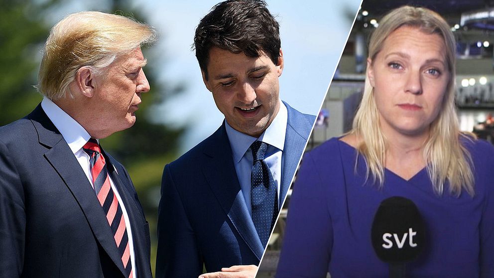 USA:s president Donald Trump, Kanadas premiärminister Justin Trudeau och SVT:s USA-korrespondent Carina Bergfeldt.