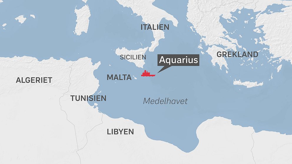 Karta över Medelhavet där räddningsfartyget Aquarius befinner sig.