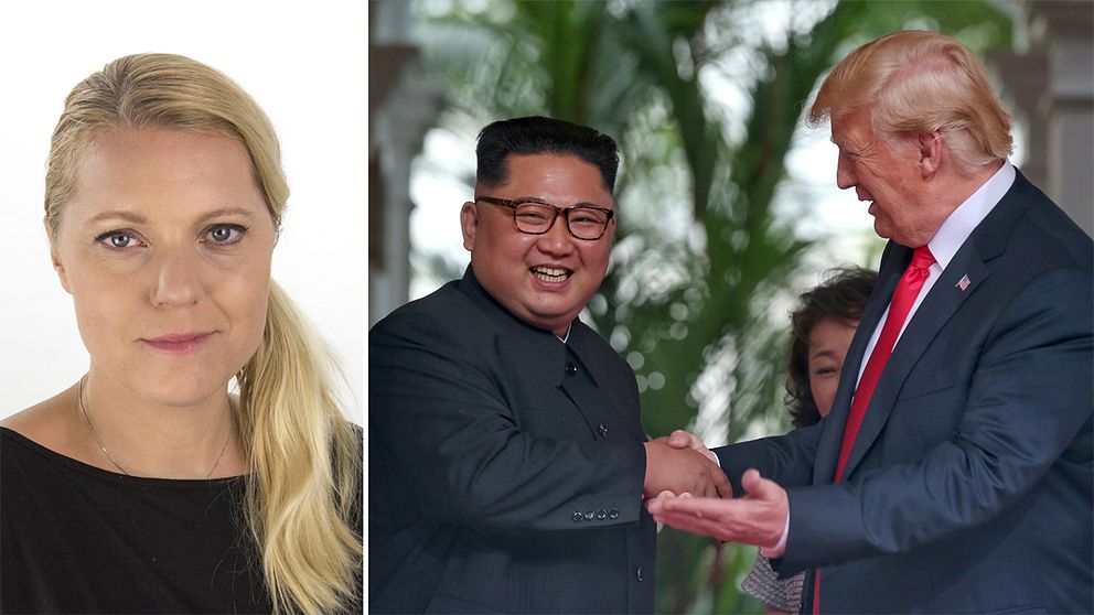 SVT:s USA-korrespondent Carina Bergfeldt samt bild på Nordkoreas ledare Kim Jong-Un när han skakar hand med USA:s president Donald Trump.
