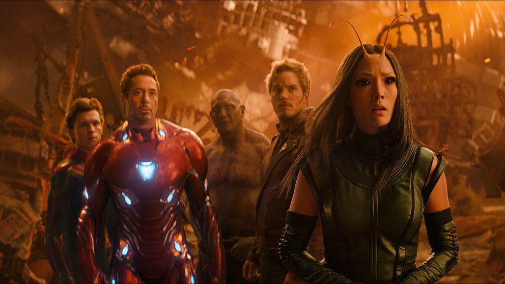 Tom Holland (Spiderman), Robert Downey Jr. (Iron Man), Dave Bautista (Drax the Destroyer), Chris Pratt (Star-Lord) och Pom Klementieff (Mantis) i ”Avengers: Infinity War.”