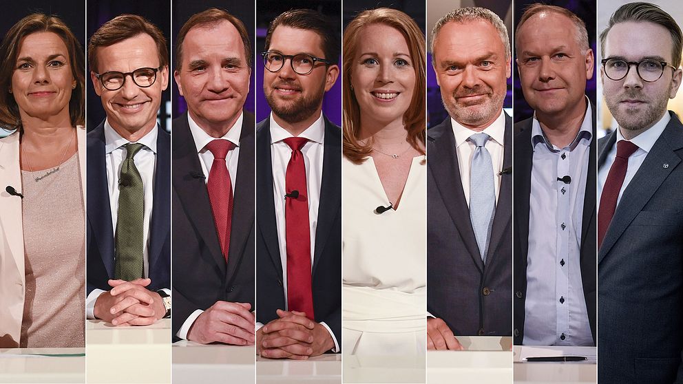 Isabella Lövin (MP), Ulf Kristersson (M), Stefan Löfven (S), Jimmie Åkesson (SD), Annie Lööf (C), Jan Björklund (L), Jonas Sjöstedt (V) och Andreas Carlson (KD) möts i debatt i riksdagen.