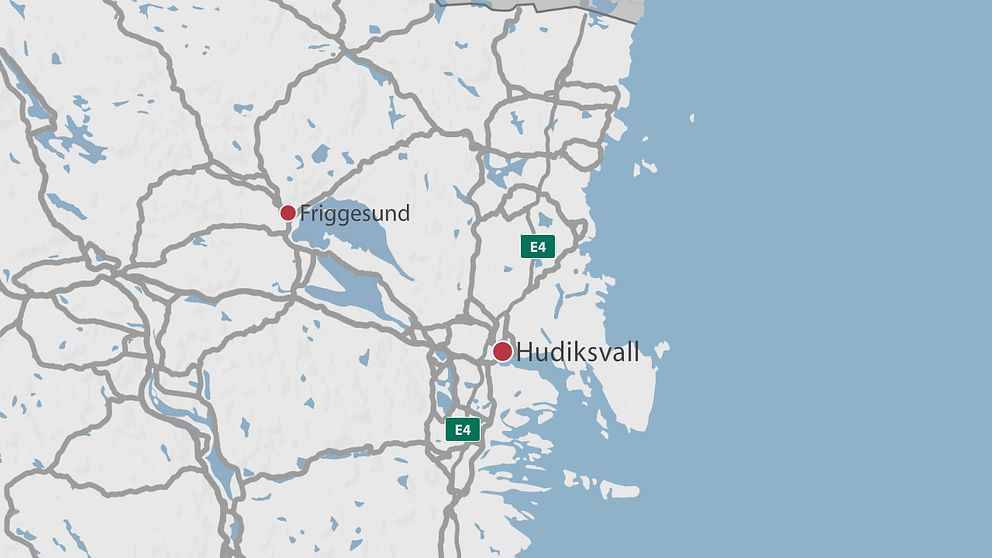 En karta över delar av Gävleborg där Hudiksvall och Friggesund är markerade.