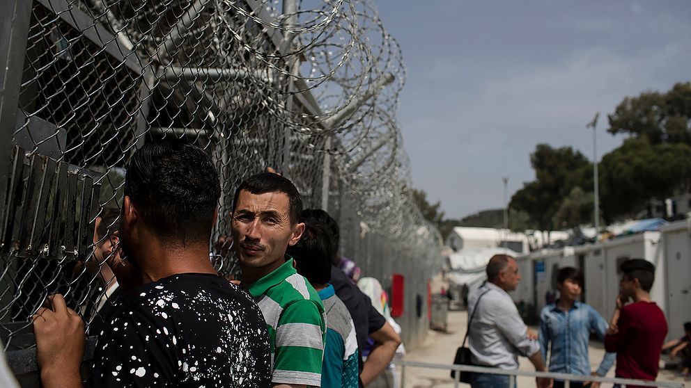 Flyktingar och migranter i lägret Moria på den grekiska ön Lesbos. Bild från 4 maj 2018.