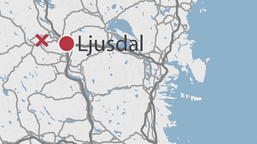 En karta över Gävleborg med Ljusdal utmärkt och ett rött kryss som visar var olyckan skedde. Det var i Färila.