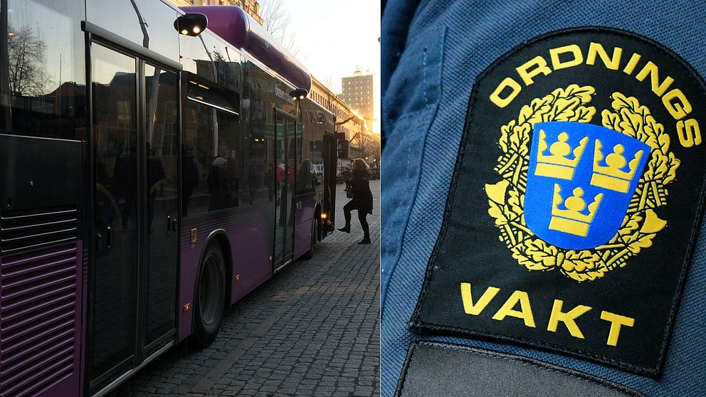En av Länstrafikens bussar och en logga där det står ”ordningsvakt” i ett montage.