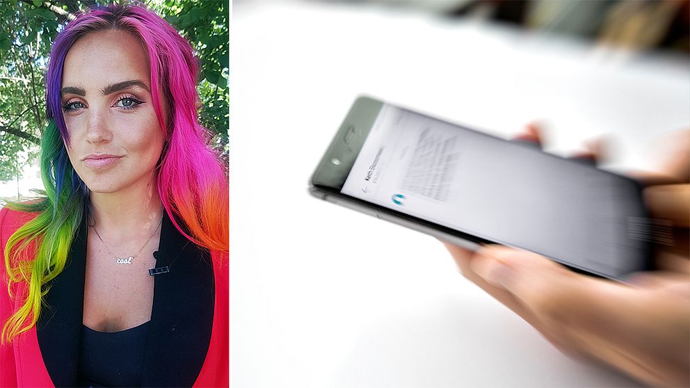 Kvinna med regnbågsfärgat hår. Mobiltelefon med meddelande.