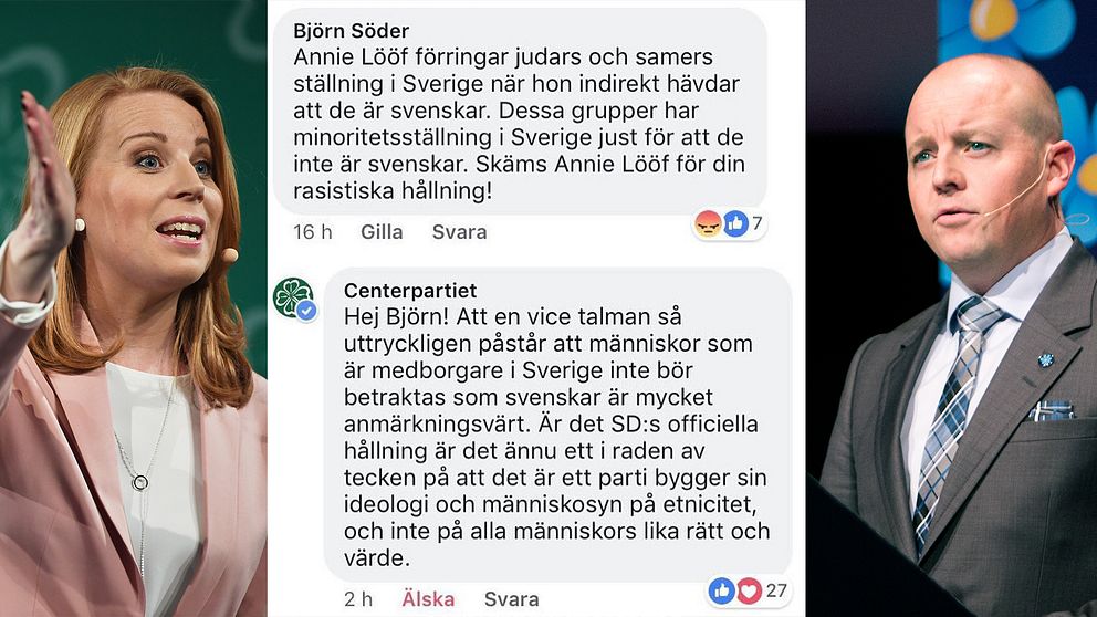 Annie Lööf, Björn Söders kommentar på Centerpartiets Facebook-sida, Björn Söder