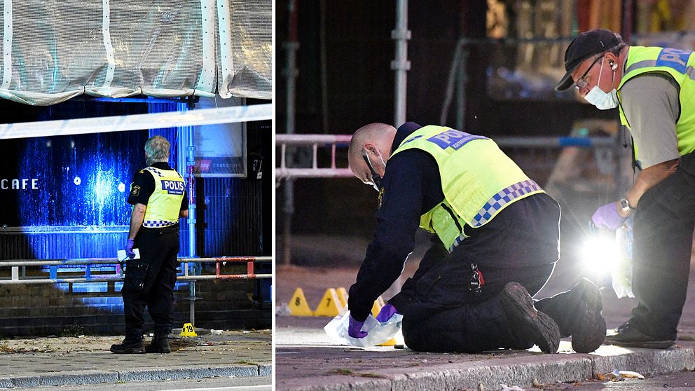 Polisens tekniker på plats vid det kafét i Malmö, där skottlossningen ägde rum på måndagskvällen.