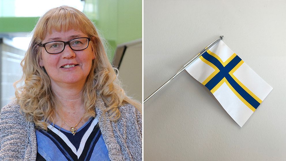 Jaana Sundberg, finskt förvaltningsområde Södertälje kommun, och sverigefinsk flagga.