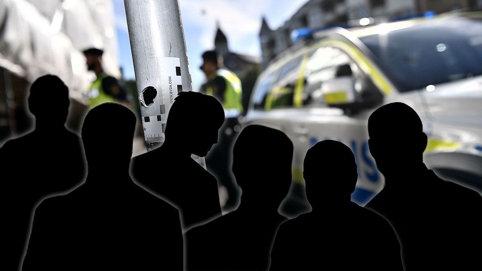 Sex anonyma silhuetter framför poliser i Malmö