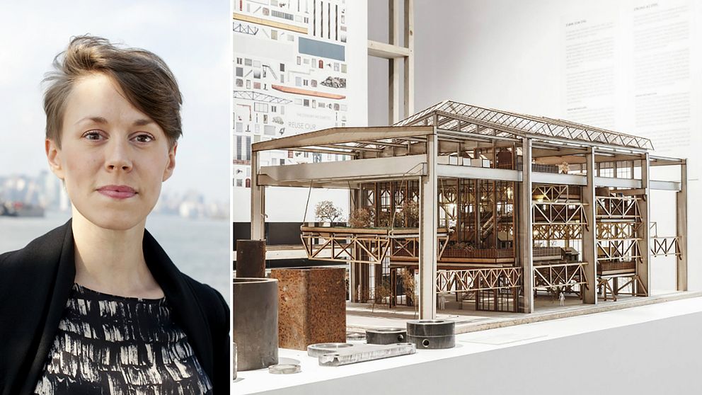 dubbelbild: porträtt på museichef och utställningsföremål i form av byggnadsmodell