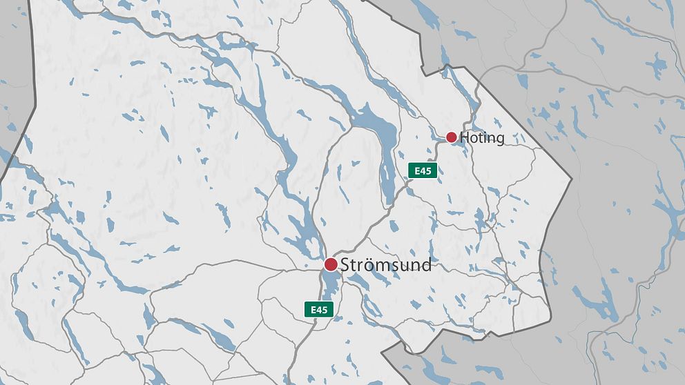 En karta över delar av Jämtland där Strämsund och Hoting är markerade.