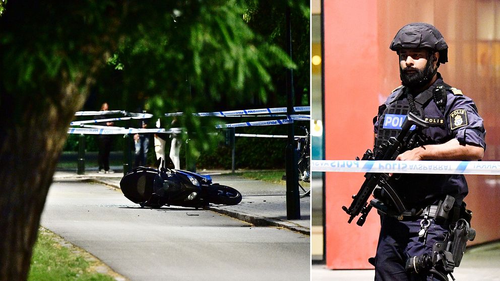 En moped innanför polisens avspärrningar. Beväpnad polis.