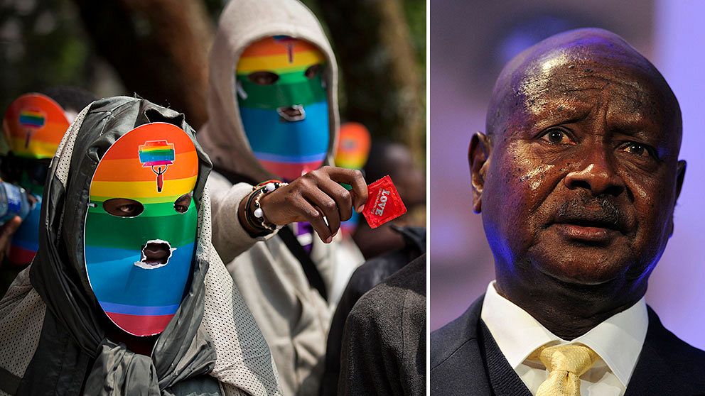 Ugandas president Museveni (t.h.) skrev i dag under en lag som gör att homosexuella riskerar mellan 14 års och livstids fängelse. Till vänster kenyanska hbt-aktivister som demonstrerar för sina ugandiska bröders och systrars rättigheter.