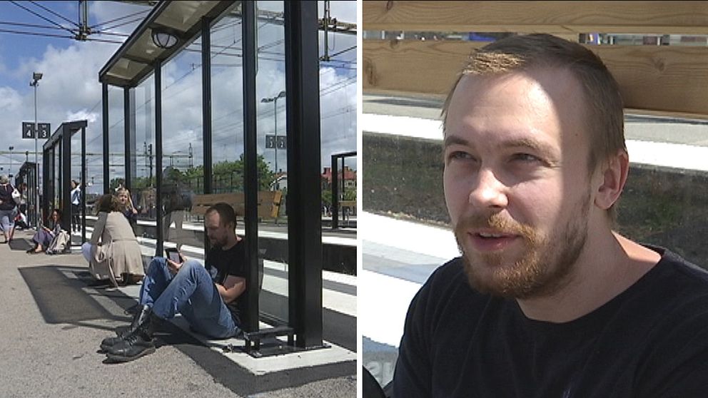 Väderskydd på Varbergs tågstation och resenären Daniel Karlsson.