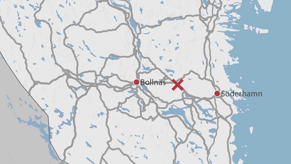 En karta över delar av Gävleborg där Bollnäs och Söderhamn är utmärkta samt ett rött kryss där trädet ligger.