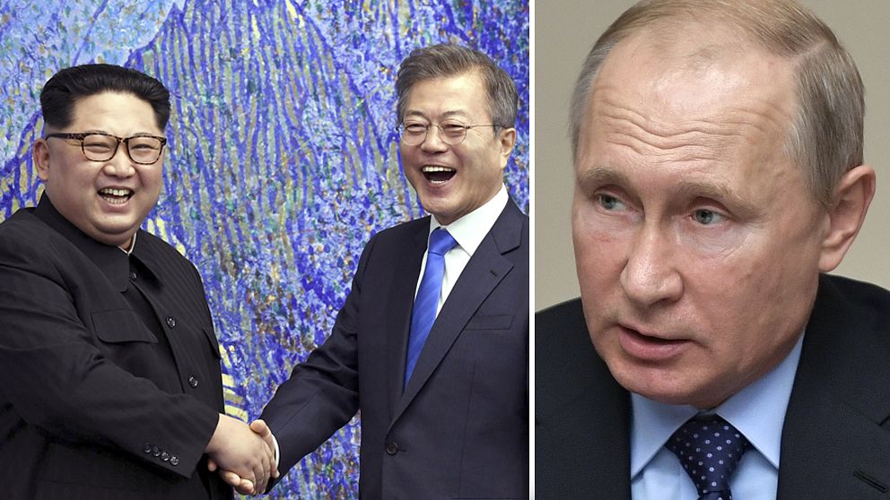 De koreanska ledarna som skakar hand. Och en bild på Putin.