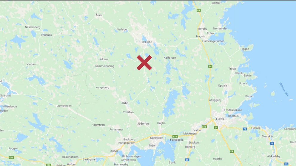 Karta över Bollnäs med MC-olyckan utmarkerad med ett rött kryss.
