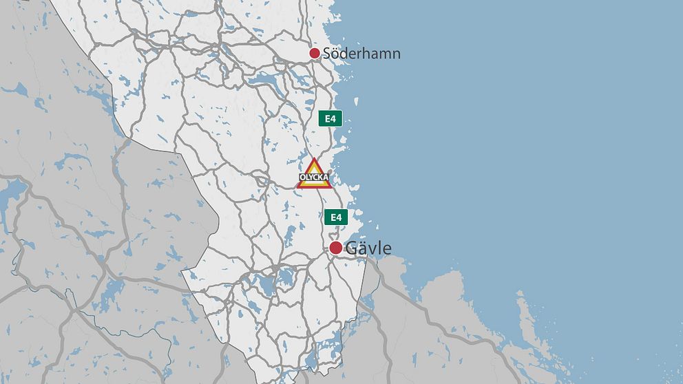 En karta över delar av Gävleborg där olycksplatsen är markerad med en symbol för olycka.
