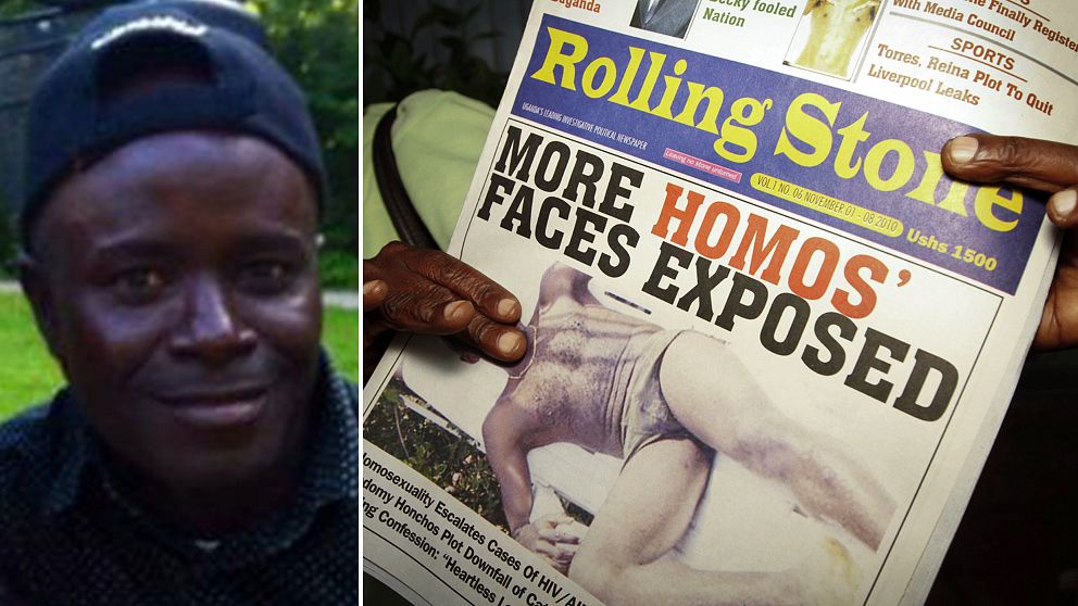 Baker Katumba flydde från sitt hem efter att han avslöjats med att vara homosexuell. Till höger, den ugandiska tidningen Rolling Stone, som  2010 kritiserades för att ha publicerat namn och bild på homosexuella.