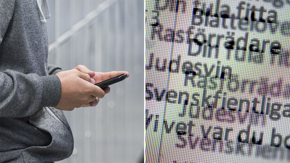 Person med mobiltelefon, skällsord på skärm.