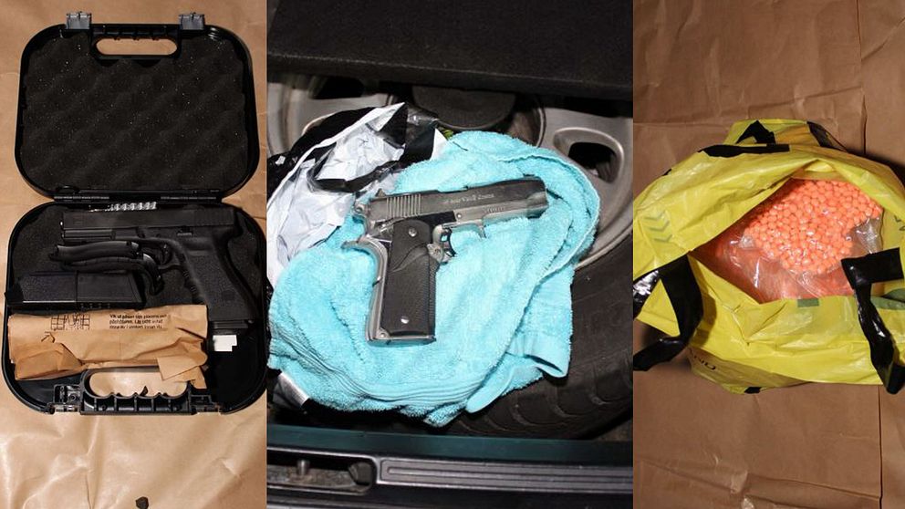 En bild på en pistol och magasin i sin väska. En bild på en pistol i en turkos handduk på reservdäcket. En bild på orangea piller i en gul plastkasse.
