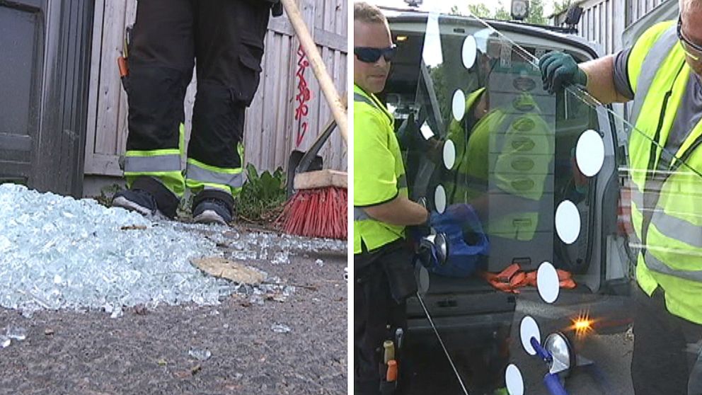 dubbelbild: krossat glas på marken och en kvast med röda bort sopar upp. två män i gula västar tar fram en ny glasruta ur en skåpbil.