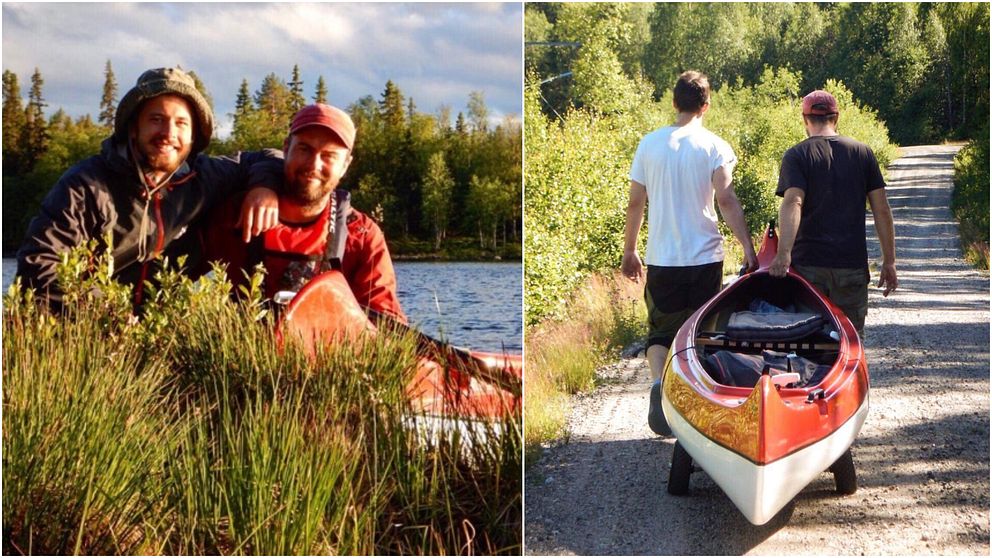 Vännerna Jesper Larsson och Peder Karlsson färdas med kanot från Norge till havet i Holmsund.