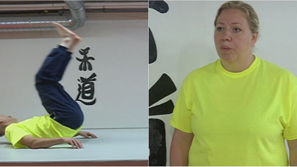dubbelbild: man som faller på rygg med benen i vädret, kvinna i halvfigur – båda i gul t-tröja