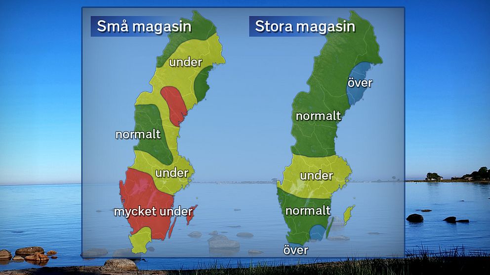 Grundvattennivåer i små och stora magasin under juni 2018  jämfört med det normala. Foto: SVT / Källa: SGU