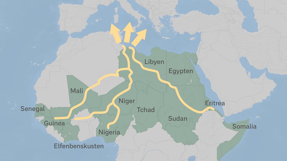 Bilden visar de vanliga flyktingvägarna mot Europa. Artikeln handlar framför allt om vägen från Eritrea, genom Sydan och Libyen.