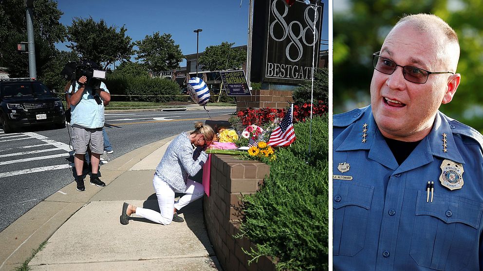 Polischefen Timothy Altomore uttalade sig under fredagen om dödsskjutningen på en tidningsredaktion i Annapolis, Maryland – utanför vilken många personer sörjde dagen efter attacken.
